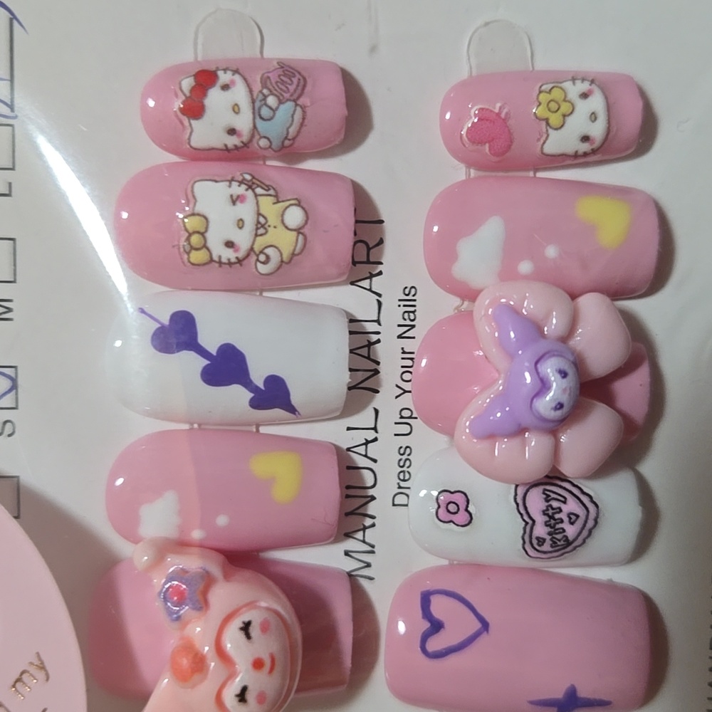 Handmade Hello Kitty Kuromi And My Melody Pink Press On Nail Art Set